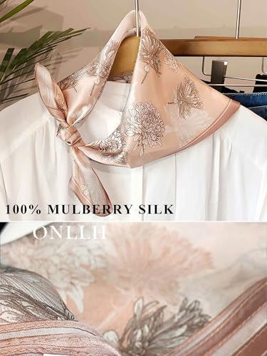 100% Mulberry Silk Scarf for Women Hair Lightweight Square Neckerchief Wrap For Head Scarves 21" - color: 16-soft Pink Daisy /21"*21"