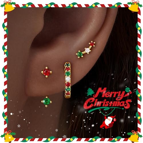 3 Pairs Dainty Small 4th of July Earrings for Women Trendy, Birthstone Stud Huggie Hoop Jacket Stack for Cartilage Helix, Gold Plated Hypoallergenic Cute Women Fashion Accessories Western Jewelry Gifts - color: Christmas Earrings(Gold Red White Green)