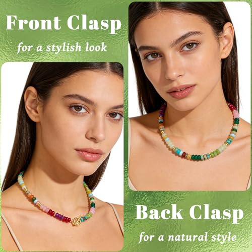 Colorful Beaded Necklace for Women Gemstone Bead Chokers Toggle Boho Natural Stone Surfer Necklaces Summer Beach Jewelry - color: A-Rainbow