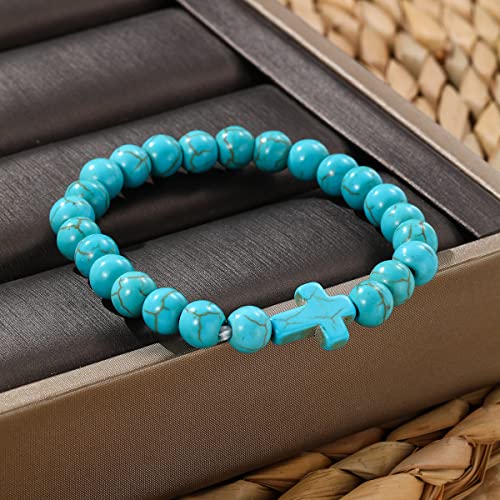 Turquoise Bracelet for Women, 8mm Beaded Stretchable Unisex Bracelet, Boho Turquoise Bead Bracelet Stone Beaded Bracelets Turquoise Jewelry for Women - color: Cross