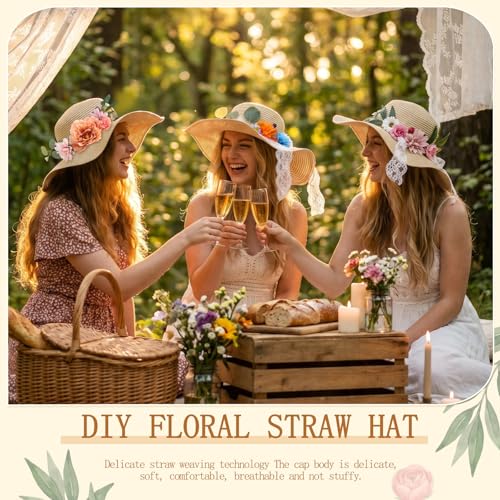 6 Sets DIY Tea Party Straw Hats Kit DIY Straw Hat for Women Blank Sun Hats - style: Vintage Peony