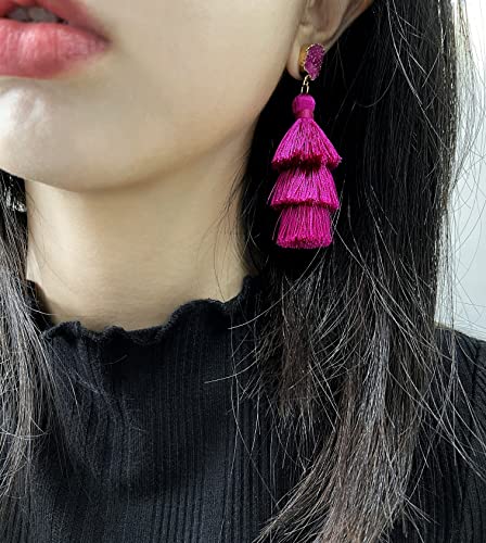 Me&Hz Colorful Layered Tassel Earrings Bohemian Statement Tiered Tassel Big Dangle Drop Earrings for Women Druzy Studs Valentine’s Day Gift - color: Magenta