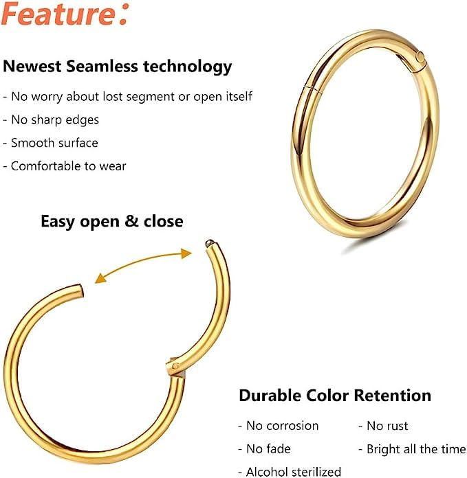 4Pcs 16G 18G 20G Surgical-Steel-Piercing-Ring-Nose-Rings-Hinged-Hoop-Earrings,6mm 8mm 10mm 12mm Seamless Stainless Steel Clicker Eyebrow Septum Piercing Hoop,Sliver Black Gold Rose Gold Rainbow Body Jewelry Set - color: 18G 8mm Gold