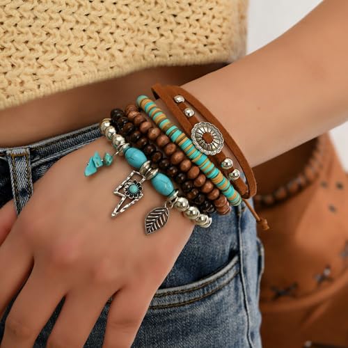 Long tiantian Western Turquoise Beaded Bracelet Set for Women Stackable Cowgirl Bracelets Boho Concho Jewelry Country Concert Rodeo Outfit Accessories Gifts - color: D5