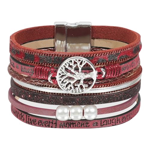 Leather Wrap Bracelet for Women, Boho Cuff Bracelet with Strong Clasp, Multi-Layer Crystal Leather Bracelet for Valentine Mother's Day - color: 02-Tree of Life-Burgundy