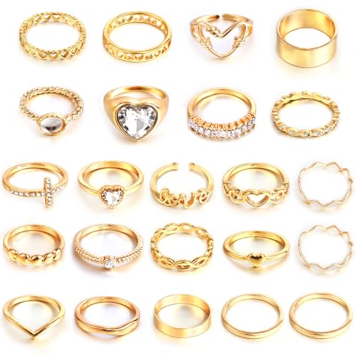 CHICUTIE Gold Knuckle Rings Set For Women Stackable Joint Finger Midi Rings Dainty Cubic Crystal Zirconia Hollow Twist Cute Pack Jewelry Gift - style: 23PCS GOLD