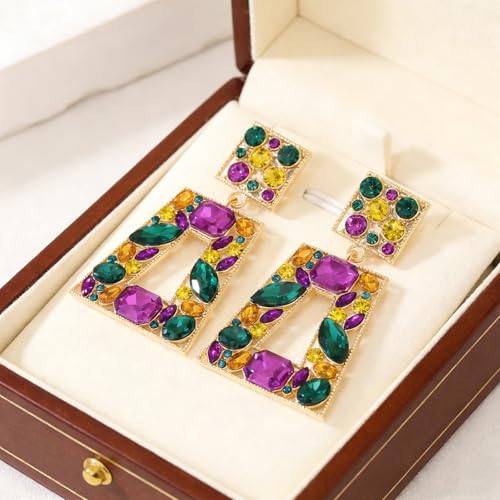 Rhinestone Rectangle Statement Earrings Colorful Crystal Geometric Drop Dangle Earrings for Women Prom Party - color: Mardi Gras