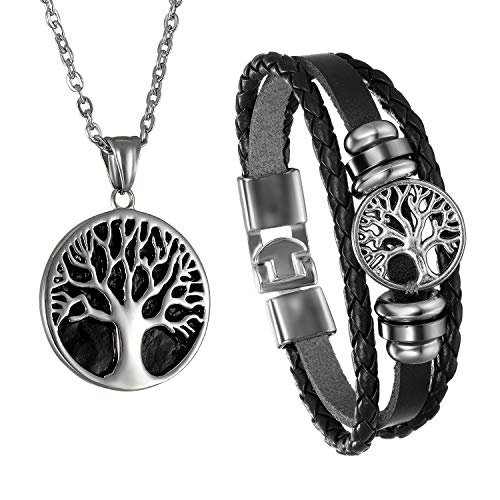 Cupimatch Men Tree of Life Symbol Pendant Necklace Leather Bracelet, Stainless Steel 22 inch Chian Jewelry Set (Black) for Father's Day - color: Black