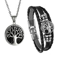 Cupimatch Men Tree of Life Symbol Pendant Necklace Leather Bracelet, Stainless Steel 22 inch Chian Jewelry Set (Black) for Father's Day - color: Black