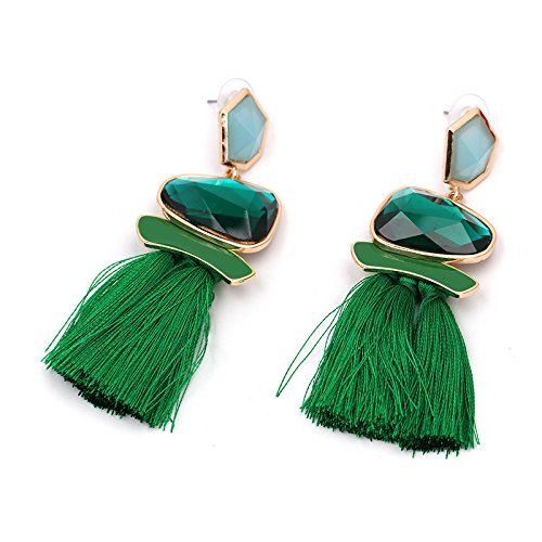 Vintage Long Tassel Drop Dangle Earrings Rhinestone Water Heart Leaf Shaped Boho Statement National Ethnic for Women Multicolor Boho Jewelry - color: Green