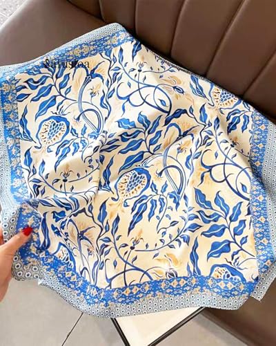 Saiusloa Neck Scarf For Womens Silky Head Scarves Hair Bandanas Square Scarf Fashion Accessories lightweight - color: 11-star Edge Blue Leaf