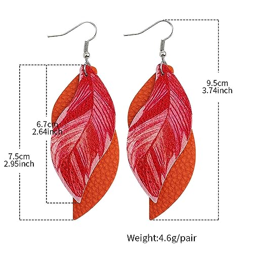 ANXIN boho unique Leather Earrings 2 Layered Lightweight Faux Leather Leaf Earrings Layered Design Drop Earrings Gift for Women - color: Orange Faux Leather Leaf Earrings