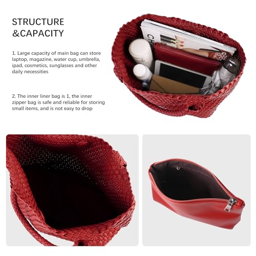 Woven Tote Bag Womens Purse Vegan Leather Shoulder Handbags Fashion Summer Beach Tote Bags Large Travel Totes - color: Red