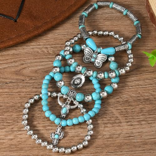 Long tiantian Western Turquoise Beaded Bracelet Set for Women Stackable Cowgirl Bracelets Boho Concho Jewelry Country Concert Rodeo Outfit Accessories Gifts - color: A4:turquoise bracelet for women