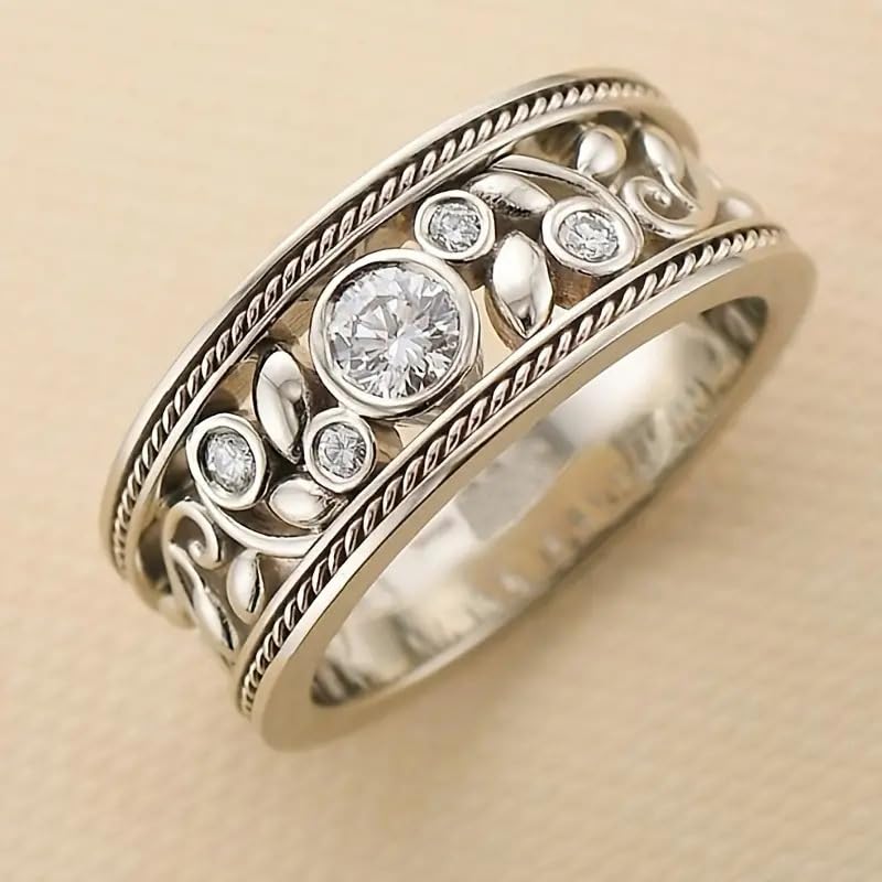 Gixaxak Vintage Eternity Silver CZ Ring Hollow Design Flower Scroll Promise Ring Band Wide 925 Sterling Silver Eternity Statement Stackable Wedding Engagement Bands Gift for Women 6 - size: 6