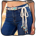 Fstrend Women's Woven Waist Belt Chain,Turquoise Braided Belts with Wooden Beads,Adjustable Belly Accessory for Dress (D) - color: A