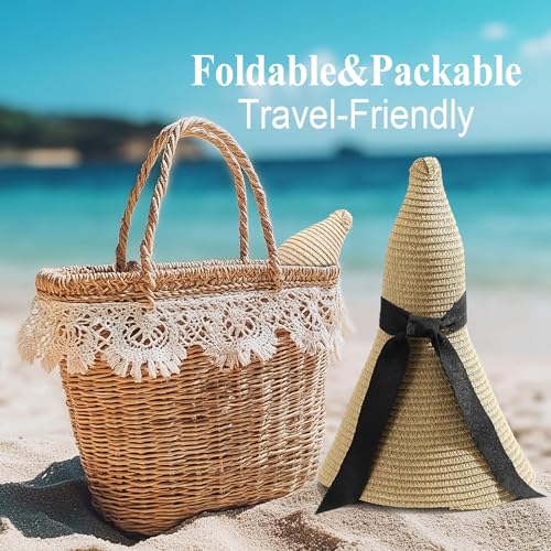 Womens Beach Sun Straw Hat with Straw Belt UV UPF 80+ Travel Foldable Brim Summer UV Hat Stretch Boho Belt for Dress - color: Beige, size: Small