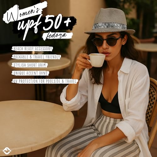 Funky Junque Straw Fedora Hats for Women - UPF 50+ Sun Hat, Short Brim Packable Beach Hat with Woven Pattern - color: Light Grey