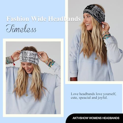 AKTVSHOW 7'' Wide Bandana Headbands for Women, Fashion Paisley Turban Headbands for Thick Hair Non Slip Womens Large Cloth Hairbands Fabric Hair Scarves Headwrap Boho Accessories - color: Bohemian Love