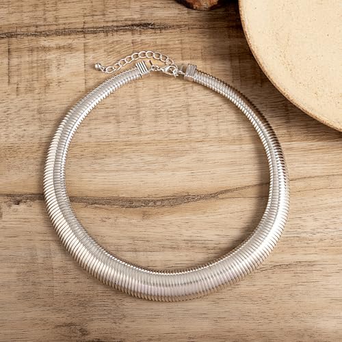 Chunky Gold Collar Choker Statement Necklace for Women Trendy | Gold Plated Layered Twist Flat Thick Snake Herringbone Chain African Torque Necklace Prom Boho Necklaces Party Jewelry Gift - style: Thick Snake Chain/Silver