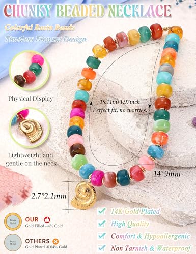 Besteel Chunky Beaded Necklace for Women - Colorful Resin Bead Choker Statement Necklaces with Gold Conch Heart Pendant Trendy Boho Large Summer Beach Jewelry - style: Conch