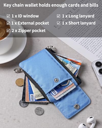 Artpaxy Minimalist Wallet For Mens Womens, Keychain RFID Blocking Zipper Small Wallet with ID Window 2 Lanyards,Water Resistant Travel Cash Card Coin Case Boys Girls - color: Powder blue, style: Casual