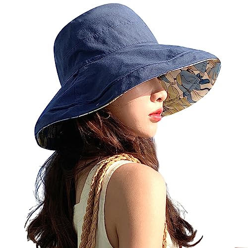 HUAMULAN Women Summer Sun Hat Wide Brim Wired Edge Floral Beach Bucket Hats Reversible Foldable Travel UV Protection Lady Hat - color: M1744-navy
