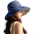 HUAMULAN Women Summer Sun Hat Wide Brim Wired Edge Floral Beach Bucket Hats Reversible Foldable Travel UV Protection Lady Hat - color: M1744-navy