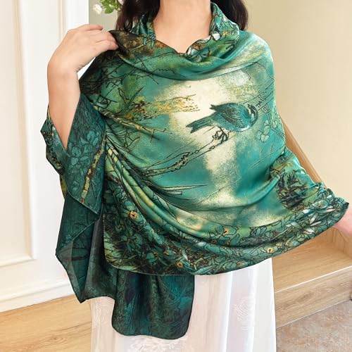 Long Silk Like Scarf Lightweight Satin Scarves Large Sunscreen Shawl Wrap for Women - color: 010.birds Green