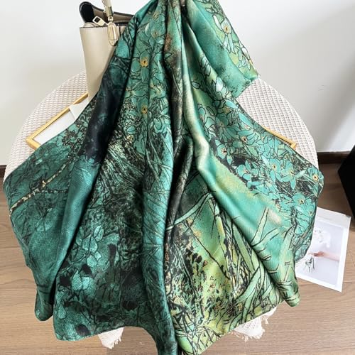 Long Silk Like Scarf Lightweight Satin Scarves Large Sunscreen Shawl Wrap for Women - color: 010.birds Green