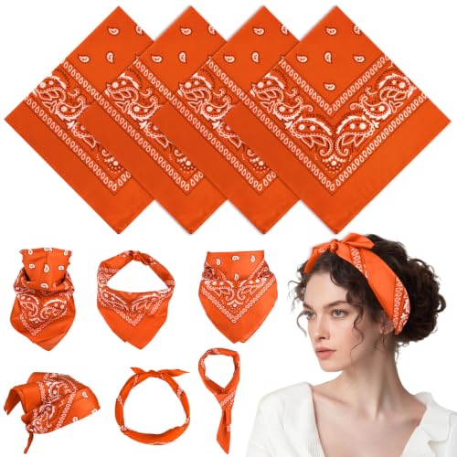 PLULON Bandanas for Men Women 4/12/24/30 Pack, Paisley Pattern Bandana Bulk Headbands Handkerchief Face Mask 100% Polyester - color: Orange