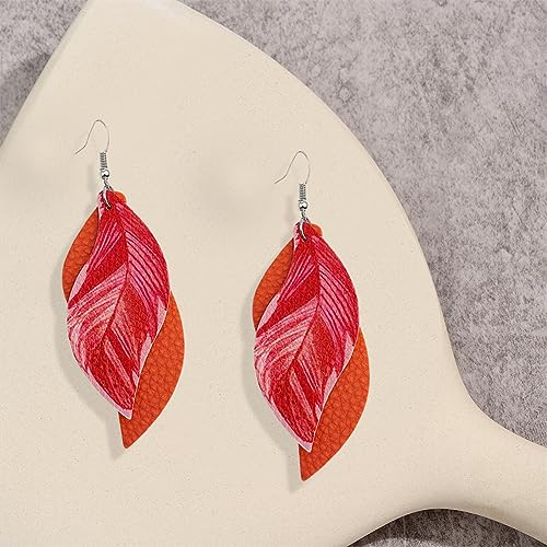 ANXIN boho unique Leather Earrings 2 Layered Lightweight Faux Leather Leaf Earrings Layered Design Drop Earrings Gift for Women - color: Orange Faux Leather Leaf Earrings