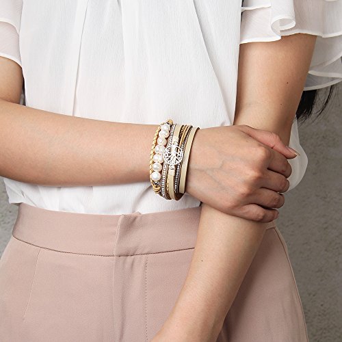 GelConnie Leather Cuff Bracelet Baroque Pearl Wrap Bracelet Gorgeous Gold Tube Bangle Boho Bracelet Bohemian Wristband Jewelry Gift for Women Wife - color: Tree Of Life Leather Bracelet