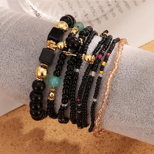 IFKM 8PCS Beaded Bracelets for Women, Multilayered Stackable Strand Stretch Bead Bracelet Pack Handmade Trendy Bohemian Charm Jewelry - color: Black