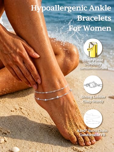 2 PCS Gold/Silver Ankle Bracelets for Women 14K Gold Plated Anklet Set Non Tarnish Waterproof Adjustable Dainty Stackable Layered Hypoallergenic Beach Essentials Summer Jewelry Gift - style: Style3
