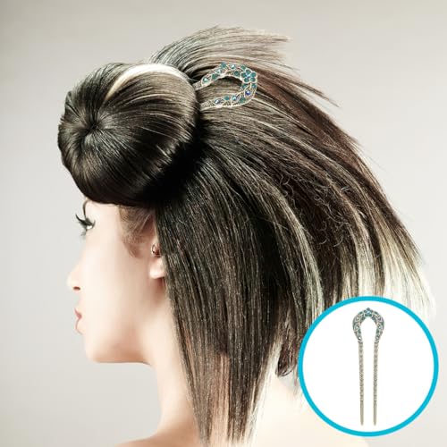 Lurrose Double Prong Hair Pin U Shaped Crystal Chignon HairPin Stick Hairstyle Accessory for Women Girls(Blue) - color: Blue