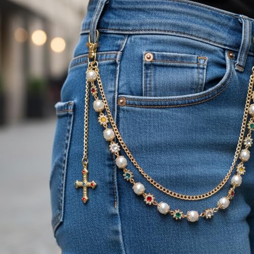 Hip Hop Waist Belt Chain Pearl Rhinestones Cross Double Layer Pants Chain Punk Rock Gold Chains for Pants Jeans Concerts Festivals Daily Outfits keychain Wallet Bag Jewelry Men Women