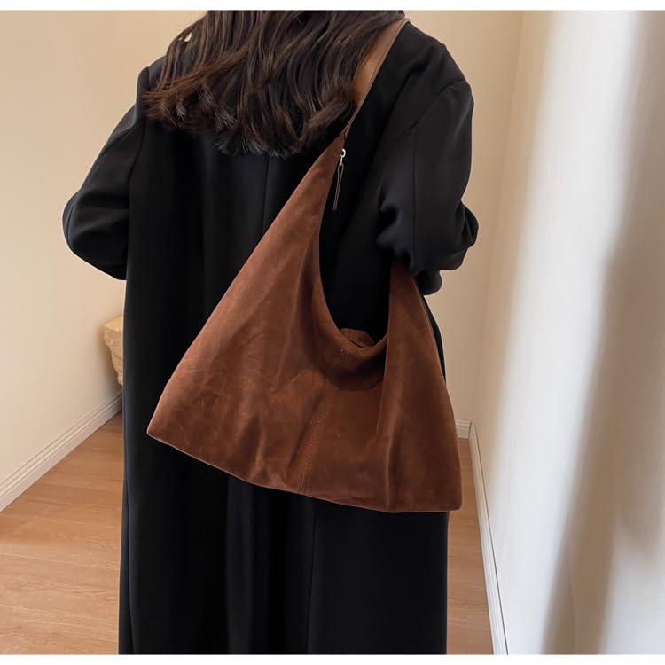 Women’s Trendy Suede Tote Bag Shoulder Bags For Women Fall Underarm Bag Winter Hobo Bag Work Purses Suede Travel Handbag - color: Brown