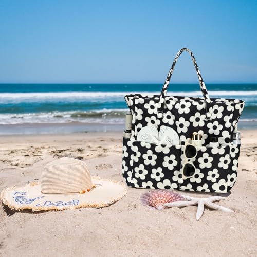Bluboon Waterproof Beach Tote Pool Bags for Women Ladies Extra Large Carry On Bag With Wet Compartment for Weekender Travel - color: Beige Flower With Black Background