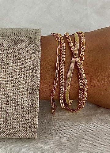 Dearmay Gold Bracelets for Women Waterproof, 14K Gold Plated Minimalist Bracelets Stack Non Tarnish Trendy Dainty Herringbone Vintage Cuban Paperclip Rope Thin Box Link Chain Stackable Jewelry Sets Modern Fashion Accessories Gifts for Womens - style: 5Pcs