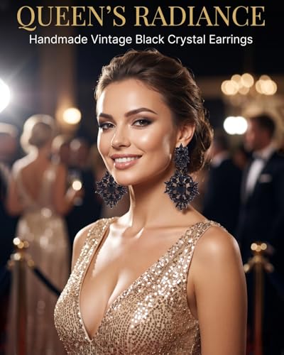Silver Chandelier Earrings for Women Trendy, Oversized Big Crystal Rhinestone Statement Earrings Dangling Formal Pageant Earings Drag Queen Jewelry - color: Black