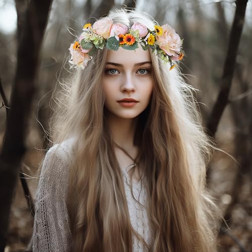 Vivivalue Floral Crown Bridal Flower Headband Hair Wreath Floral Headpiece Halo Boho with Ribbon Wedding Party Festival Photos - color: 5