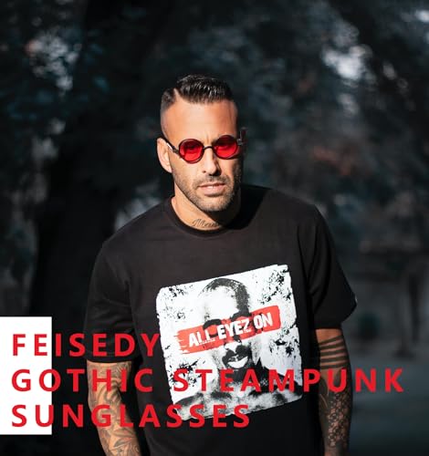 FEISEDY Retro Gothic Steampunk Sunglasses Round Metal Frame Punk Circle Inspired Shade Men B1857 - color: Black/Red