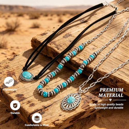 Western Necklaces Boho Turquoise Cross Necklace Set Navajo Pearl Beaded Layered Choker Cowgirl Christian Western Jewelry for Women - color: Style-E
