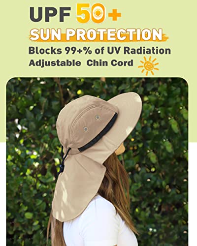 Tirrinia Wide Brim Sun Hat with Neck Flap for Men & Women, Breathable Hiking Fishing Safari Hat, Outdoor UV Protection Cap - color: # Khaki