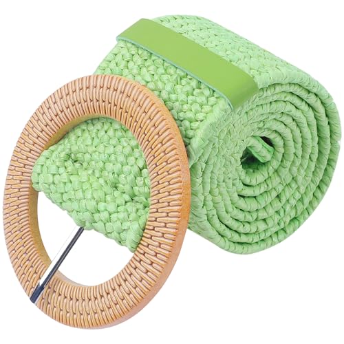 Women's Cotton and Linen Style Plastic Straw Braided Belt Circle Buckle for Dresses - color: Green