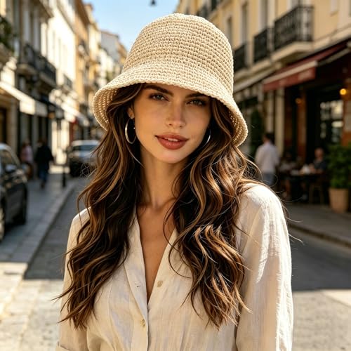 Straw Bucket Hat for Women Foldable Summer Beach Sun Hats Wide Brim Crochet Floppy Hat for Vacation Travel Shade & Style - color: Beige-a