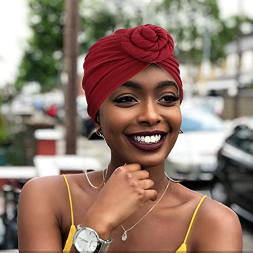 DRESHOW 5 Pack Knotted Headwraps for Women African Turban Pre-Knotted Beanie Headwraps Hair Covers - color: 5 Pack Donuts: Tan, Black, Navy, Green, Wine