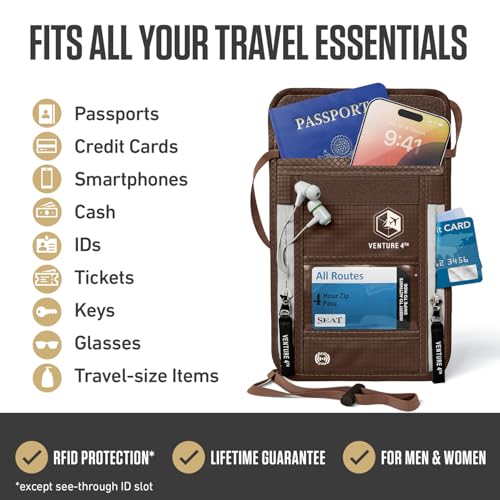 VENTURE 4TH Neck Wallet – RFID Blocking Passport Holder for Travel, Hidden Passport Wallet, Concealed Travel Wallet for Women, Men & Family (Brown) - color: Brown