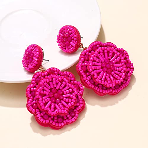 Statement Beaded Drop Earrings for Women Layered Bead Dangle Earrings - color: Rose Red bead22